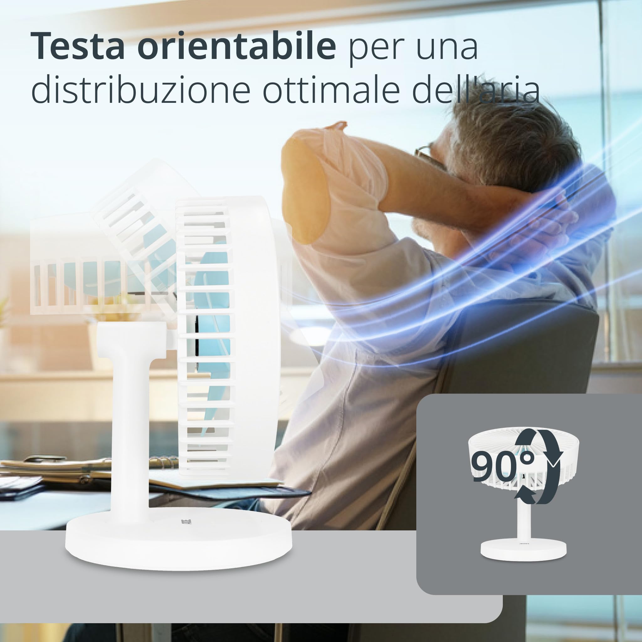 ADE Ventilatore da tavolo USB molto silenzioso | Ventilatore portatile a batteria | 3 livelli di velocità | Batteria autonomia di 7,5 ore | inclinazione di 90° | Leggero e flessibile | bianco