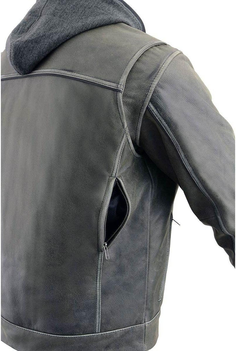 Milwaukee Leather MLM1539 Men's Distressed Grey Leather ‘Utility Pocket’ Vented Jacket with Removable Hoodie