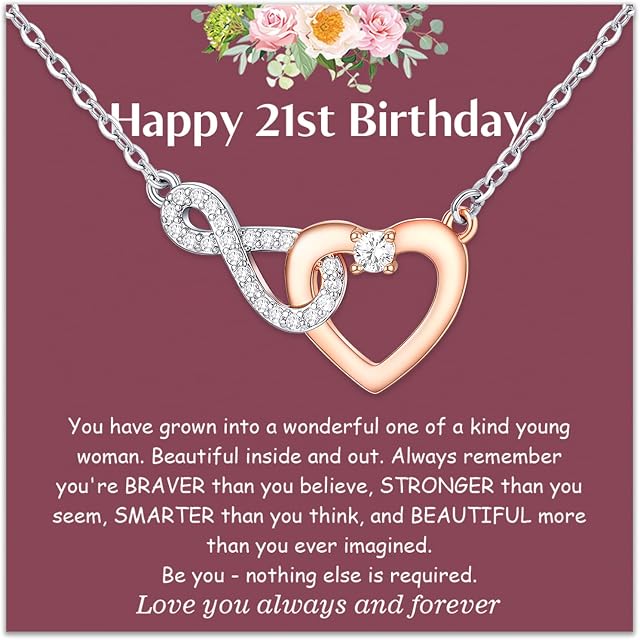 POWWA 21st Birthday Gifts for Her Keepsake 21 Years Old Birthday Gifts for Her Infinity Heart Pendant Necklace Birthday Presents for Her Daughter Women