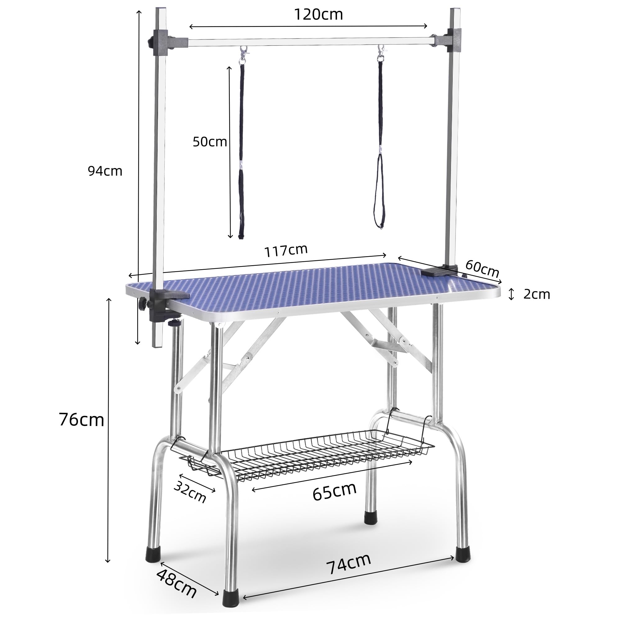 Mesa de aseo para mascotas, altura ajustable, antideslizante, mesa de aseo profesional para perros grandes, extragrande, 117 x 61 x 76 cm, plegable y portátil, color azul