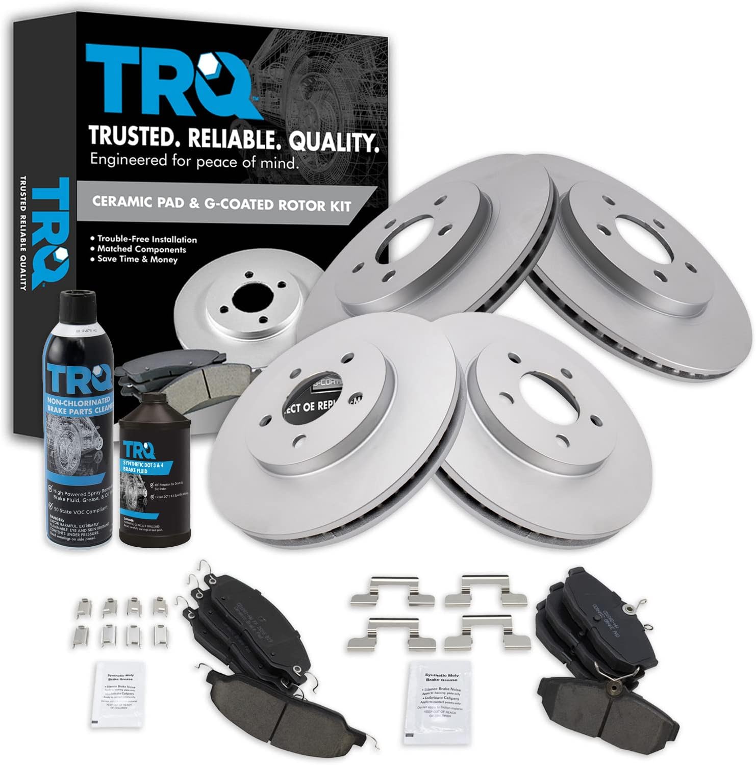 TRQ Front and Rear Brake Pad & Rotor Kit Brake Chemical Kit Brake Pads Brake Rotor Ceramic Premium G-Coated Compatible with 2005-2010 Ford Mustang