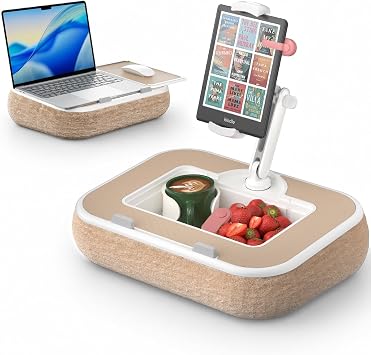 SupeDesk Laptop Lap Desk, Adjustable iPad Holder for Bed, 360 Swivel Tablet Arm, Laptop Desk with Mouse Pad, Snack Bowl & Cup Holder, Fits 4.713 Tablets & 15 Laptop Beige