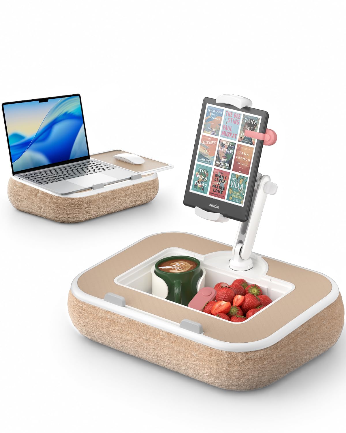 SupeDesk Kindle Kissenständer mit Schoßschreibtisch, verstellbarer iPad-Halter für Bett, 360° drehbarer Tablet-Arm, Laptop-Schreibtisch mit Mauspad, Snackschale und Getränkehalter, passend für 4,7-13