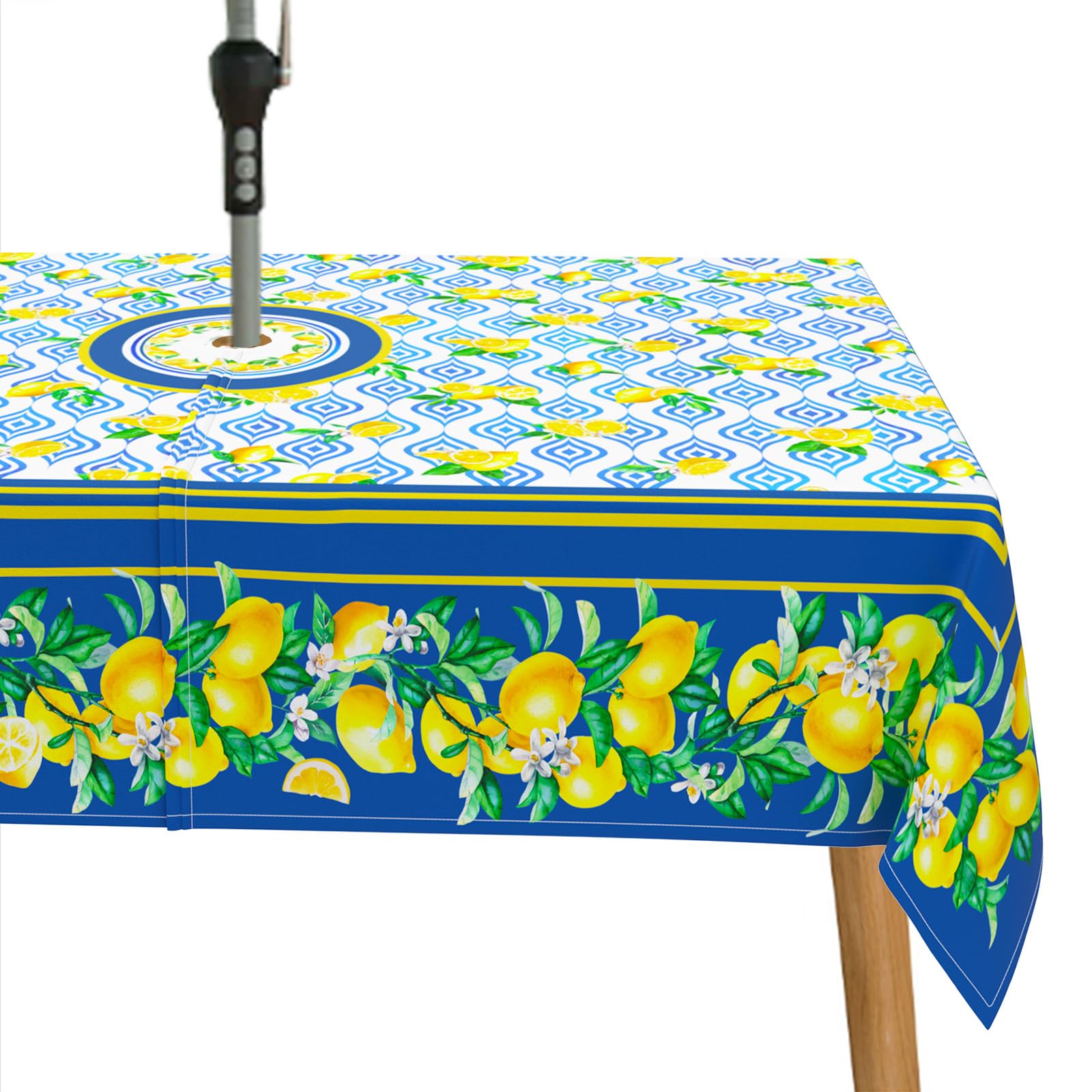 bnhjsdw Blue Lemon Outdoor Tablecloth with Umbrella Hole for Oval Table, Waterproof Lemon Patio Table Cloth with Zipper - 60 x 84 inches