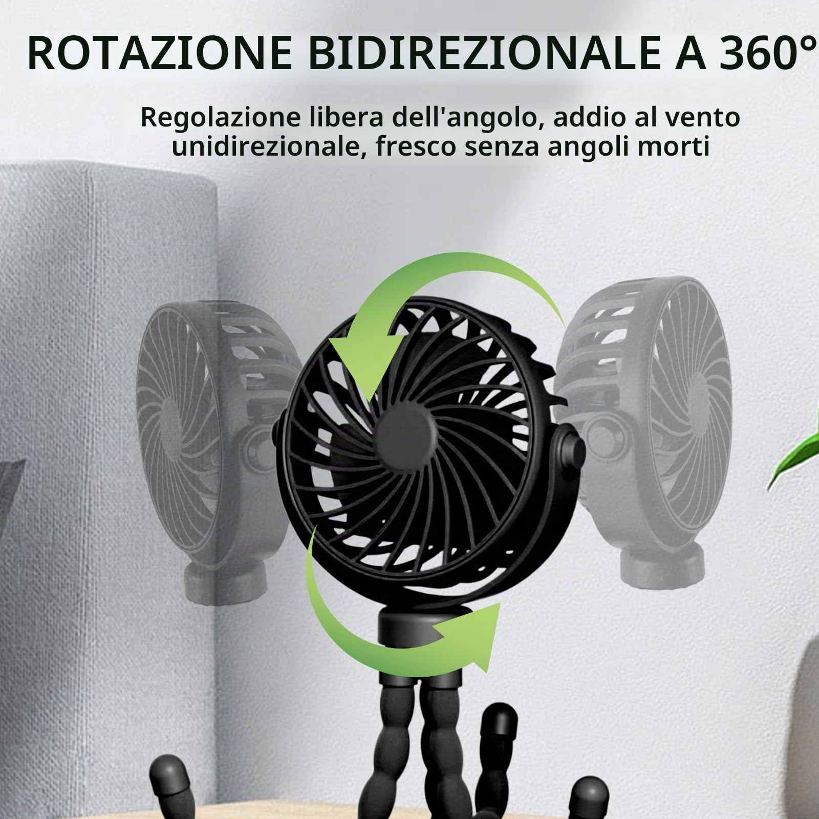 Ventilatore Portatile a Batteria Ricaricabile USB,Ventilatore Portatile Per Passeggino Rotazione a 360° a 3 Velocità con Treppiede Flessibile per Passeggino, Tapis Roulant, Culle (Nero)