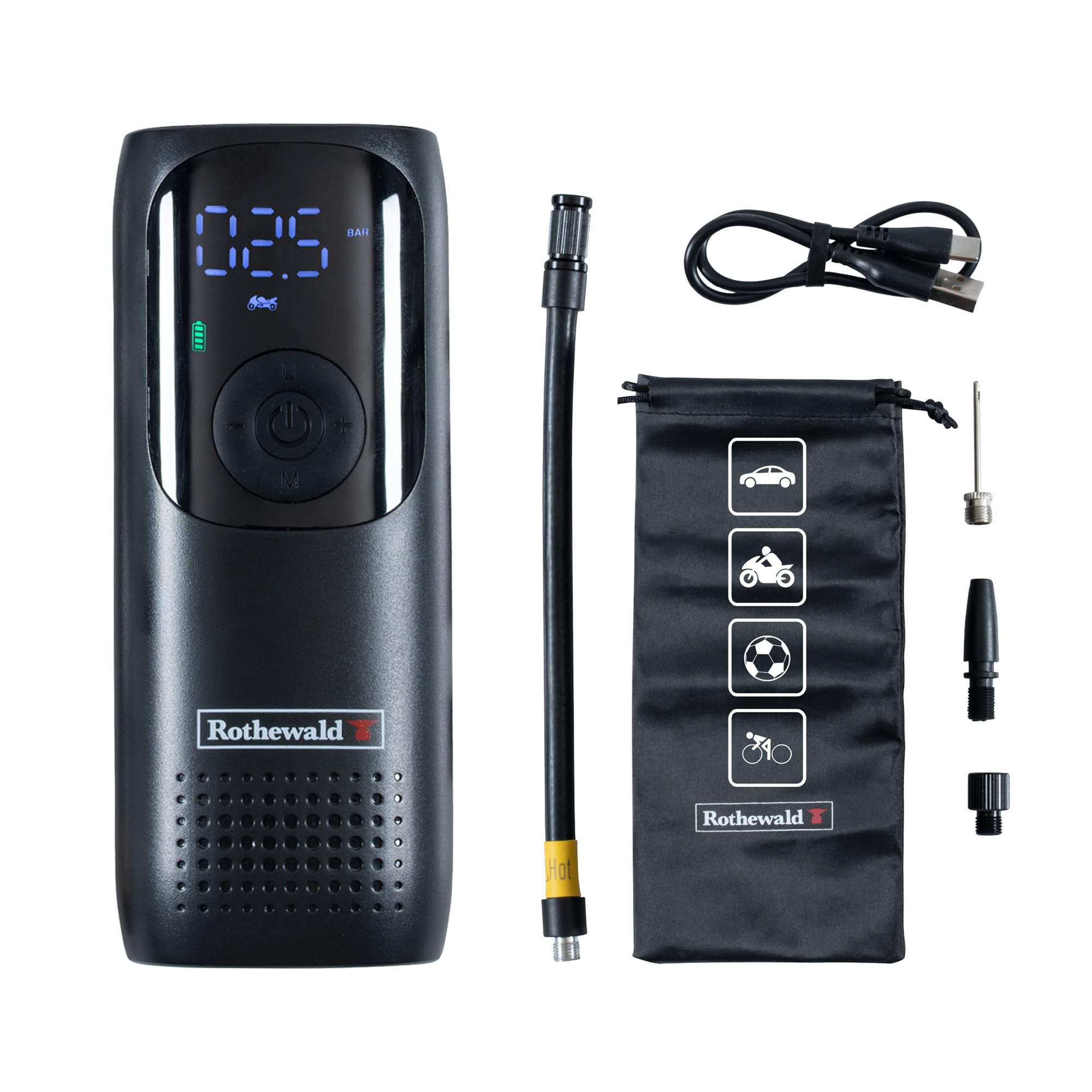 Rothewald Akku Druckluftpumpe 10 Bar, Elektrische Luftpumpe mit Digitalem Manometer, Reifenpumpe für Auto Motorrad Fahrrad Ball, Kompressor Akku Tragbar, USB-C Ladeanschluss