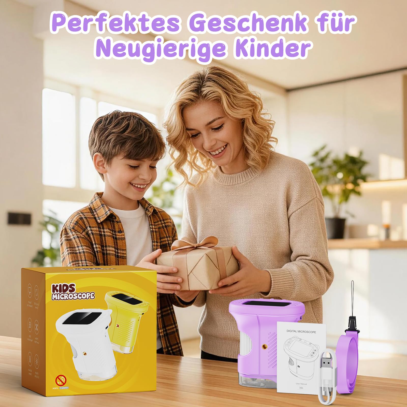 Tragbares Mikroskop für Kinder, 1000x Digitales Handmikroskop Kinder mit 2,4 Zoll IPS Bildschirm, Fotofunktion und PC-kompatibel, Kindermikroskop für Garten, Wald und Outdoor (Lila)