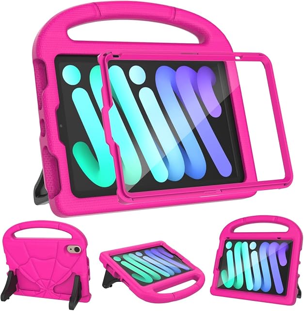 2021 Newest iPad Mini 6 Tablet Case for Kids (6th Generation), Kricsertg Lightweight Shockproof Kid-Proof Cover Built-in Screen Protector with Handle Stand for New iPad Mini 6th Gen 8.3 Inch - Pink
