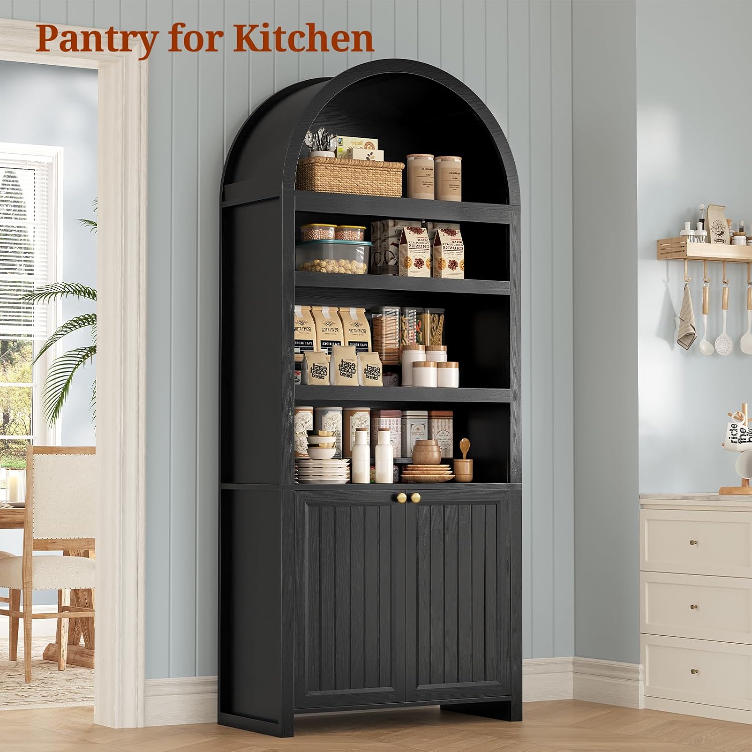 81" Tall Arched Mid-Century Modern Bookcase, Black