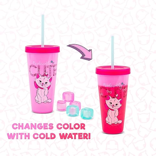 Miniatura 2 de Disney The Aristocats Marie - Vaso de viaje de plástico que cambia de color, incluye popote reutilizable, tapa resistente a fugas, cubos de hielo