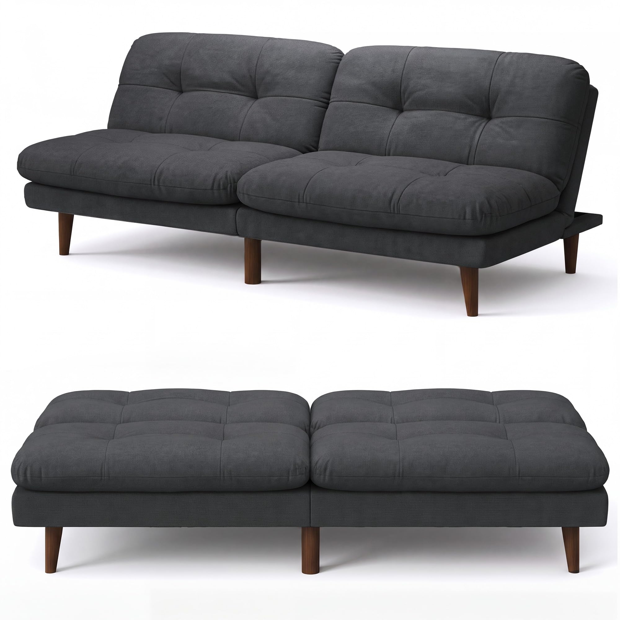 Flamaker 67'' Futon Sofa Bed, Modern Grey Linen Convertible Futon Couch | Folding Futon Set with Adjustable Backrest, Solid Wood Frame Loveseat, Recliner Lounge for Living Room, Apartment & Office