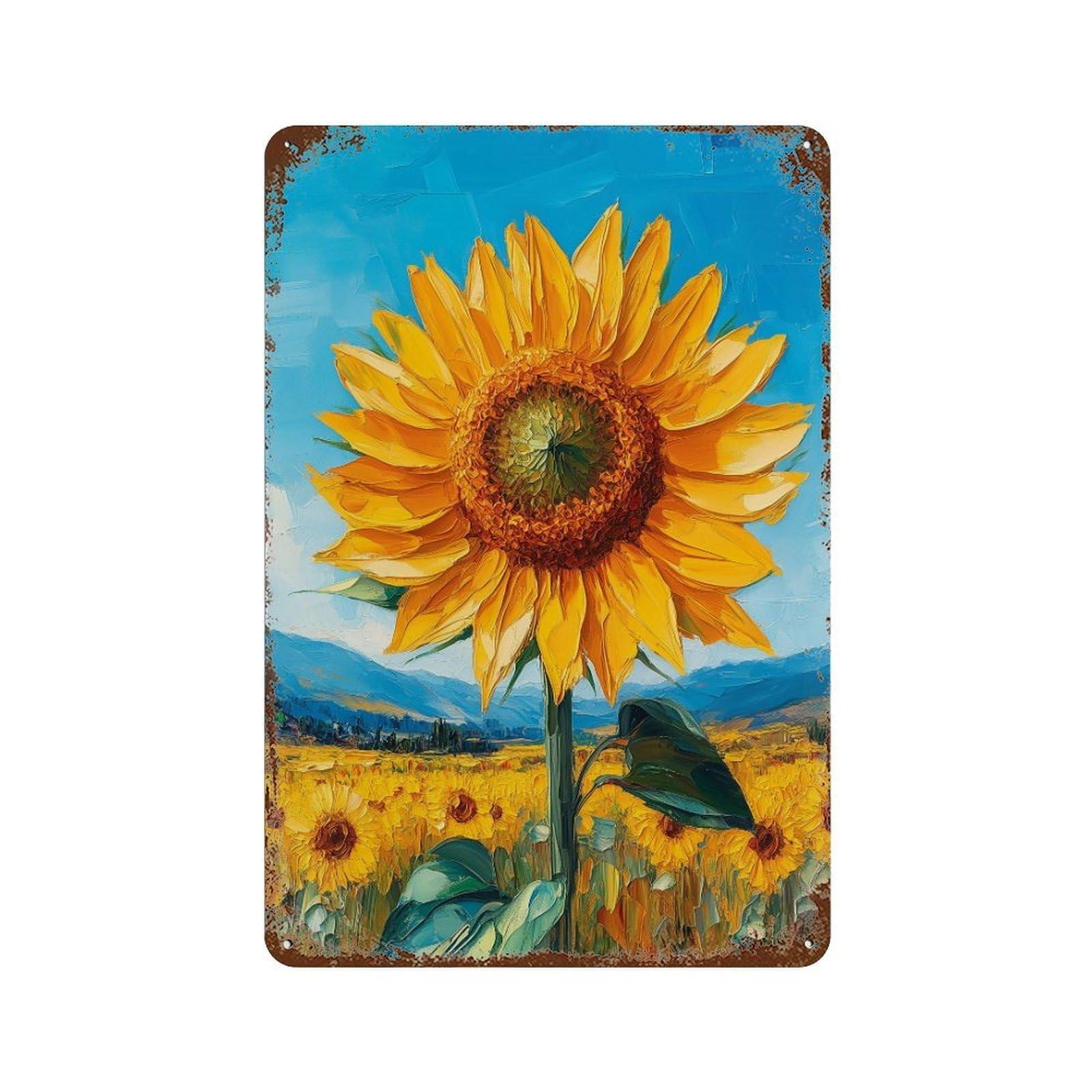 Sunflower Field Painting Vintage Metal Tin Sign 11.8"x7.9", Old School Wall Decor for Living Room, Hallway And Home Decor