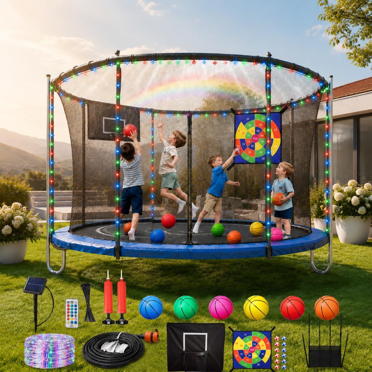 6-in-1 Trampoline Accessories Kit with Basketball Hoop, 360° Sprinkler | 72FT Solar Lights Fits 8-16ft Trampolines, Dart Board & Shoe Bag, 8 Modes, 6 Mini Balls
