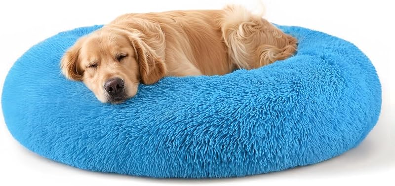 Cama Redonda para Cães e Gatos Grandes Hoewina com Bordas Elevadas e Base Impermeável Azul-Claro – 81,28 x 81,28 x 20,32 cm