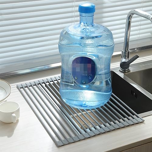 Miniatura 8 de SAOSHYPEI Escurridor de platos enrollable, escurridor de platos antideslizante para encimera de cocina, acero recubierto de silicona, multiusos,