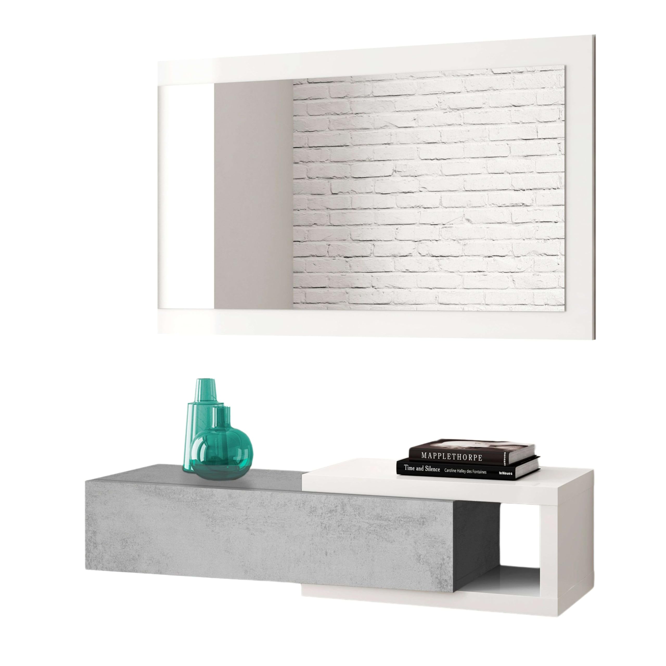 Habitdesign Ingresso con cassetto e specchio, mobile da ingresso, modello mezzogiorno, rifinito in bianco Artik e cemento, misure: 95 cm (larghezza) x 19 cm (altezza) x 26 cm (profondità)