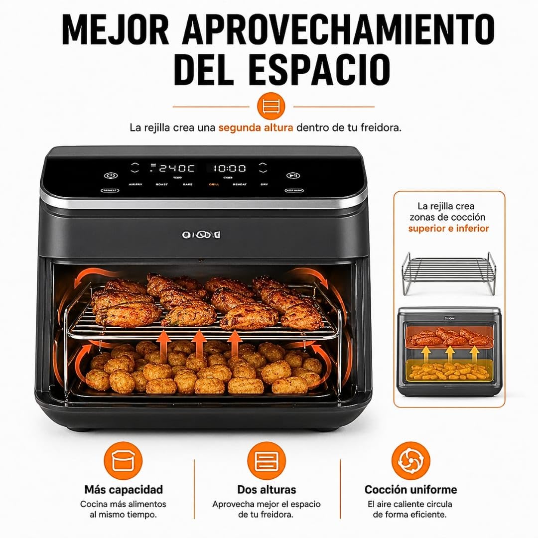 Rejilla Air Fryer Doble Altura Compatible con Cosori TwinFry 10 L 36,5 cm | Compatible con Ninja FlexDrawer 10,4 L. Parrilla 36,5 cm – rejilla para horno y Air Fryer rack, accesorio freidora de aire.