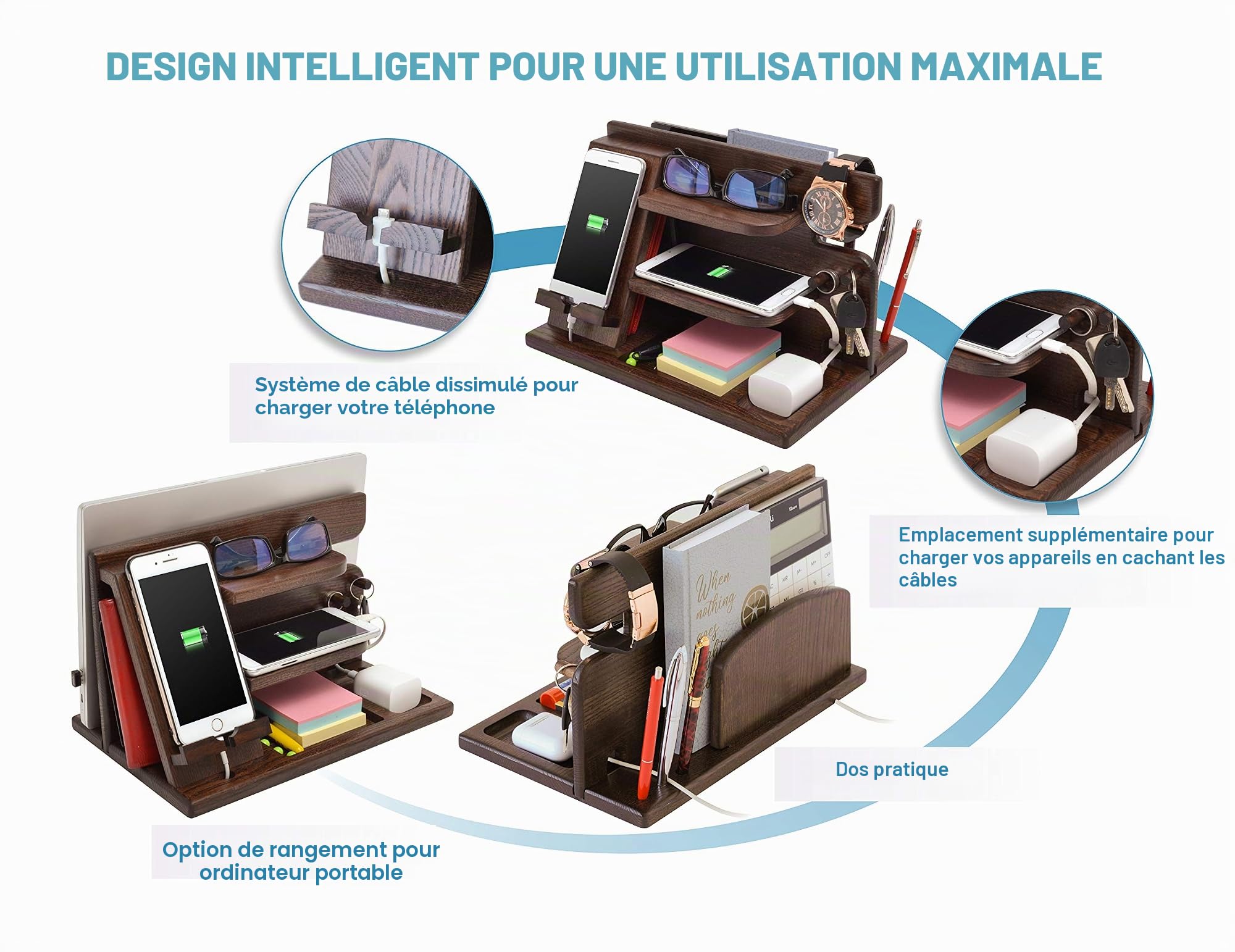 TESLYAR Organiseur Multifonctionnel en Bois Crochets Support Téléphone Bureau Homme Cadeau Anniversaire Fête des Pères Rangement Bureau Docking Station Porte Montre Cadeau Original Utile Mari Papa