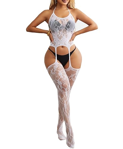 XIUSEMY Women Sexy Bodystocking One Piece Badydoll Fishnet Lingerie Nightwear Plus Size - One Size - White Gb
