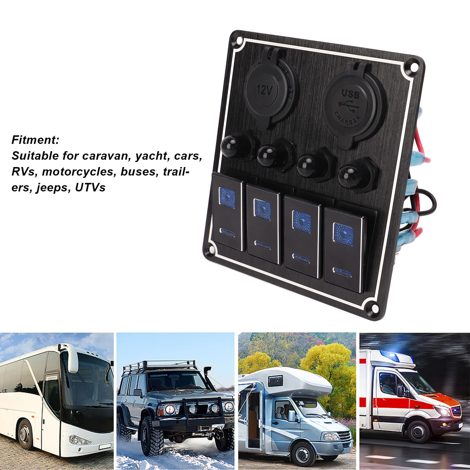 Pannello Interruttori Marini per Barche, Pannello Interruttori a Bilanciere a 4 Bande con Presa Accendisigari USB Attiva/Disattiva Pannello Interruttori Combinato per Camper,