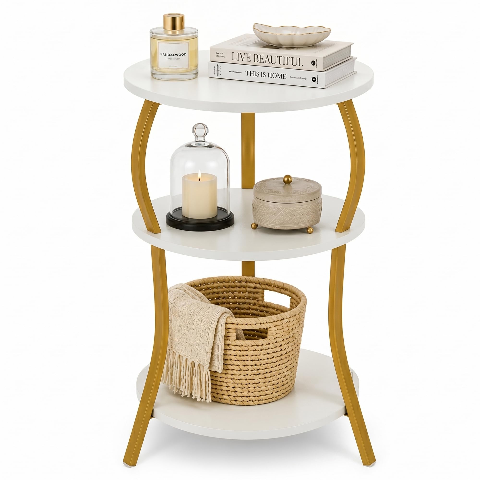 Vintage Small Round Side Table, 3-Tier Slim Waist Circular End Table with Storage Shelf, Compact Tea Sofa Table, Round Corner Coffee Table Nightstand for Living Room Bedroom Small Spaces,White+ Gold — image 1