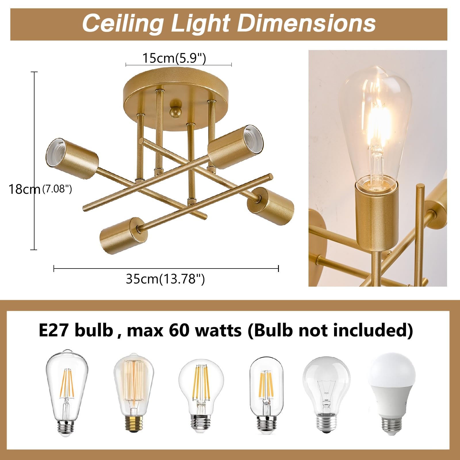 Dellemade Ceiling Light, 4 Lights Chandelier Ceiling Light for Living Room,Bedroom,Kitchen (Golden) - Image 3