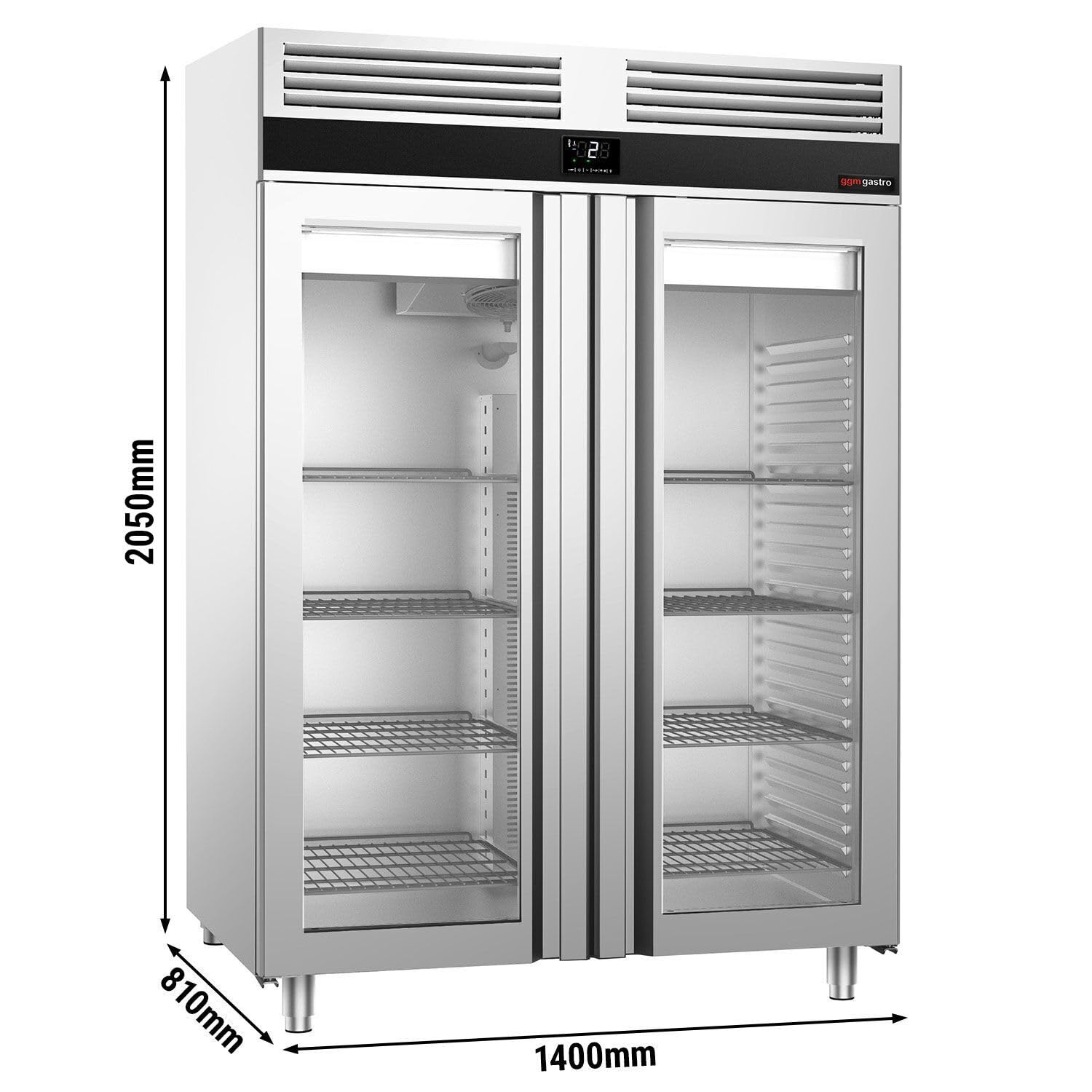 GGM Gastro Kühlschrank 1350 L, 1400 mm, 2 Glastüren | robuste Edelstahlbauweise, lebensmittelecht, energieeffiziente Umluftkühlung, wartungsfreundlich, für Dauereinsatz