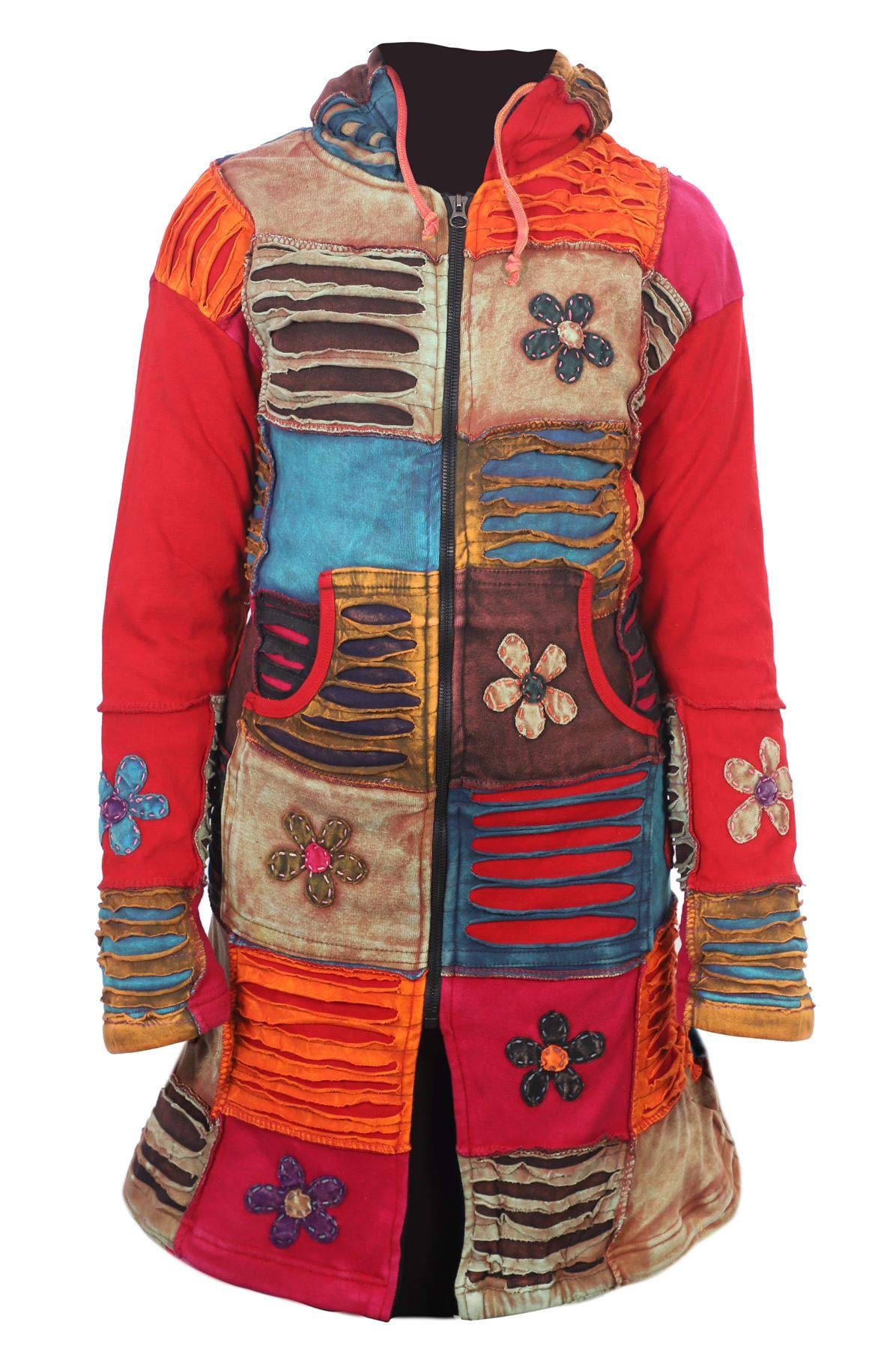 EzhippieWomen's Rainbow Floral and Razor Cut Patchwork Long Coat