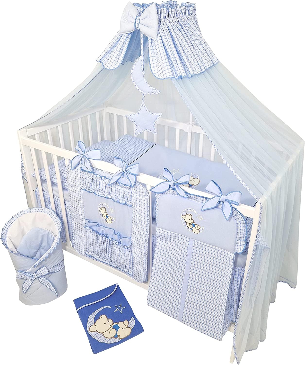 Juego Completo de 16 Piezas de Cuna y Ropa de Cama Timmi Incl. colchón Regulable en Altura para recién Nacidos y niños pequeños de Madera Maciza (Teddy Bear Moon - Azul)