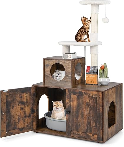 Tangkula Caja de arena con torre de árbol para gatos, baño oculto 2 en 1 para gatos con condominio para gatos, percha de felpa, postes rascadores,