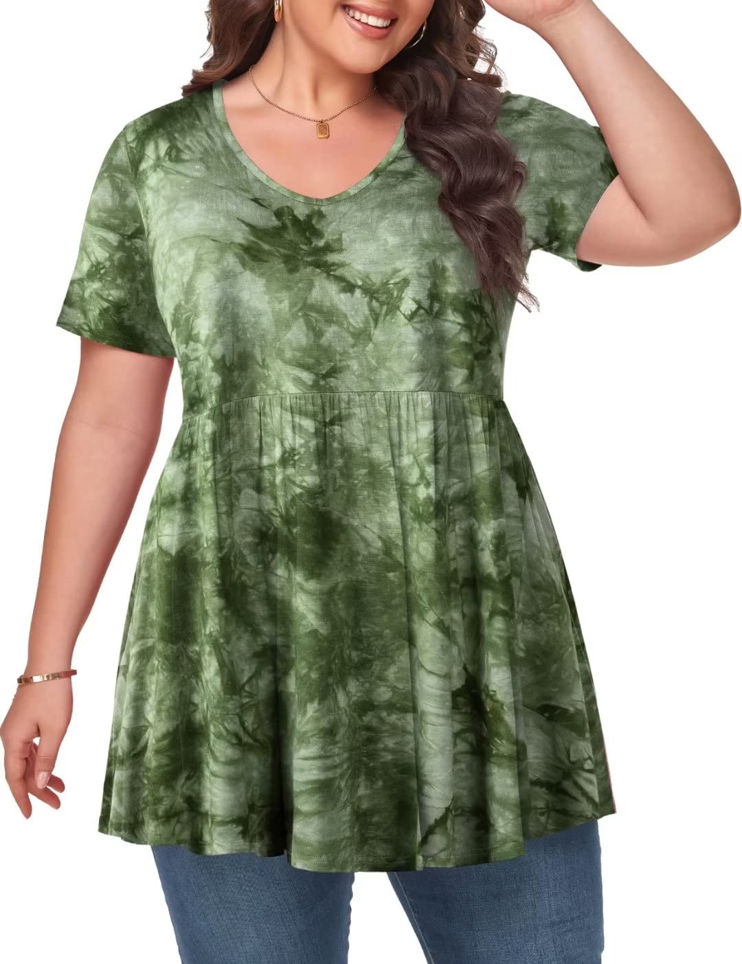 MONNURO Womens Plus Size Tops Cute Babydoll T Shirts Peplum Tunic Tops Loose Fit V-Neck Short Sleeve Blouse