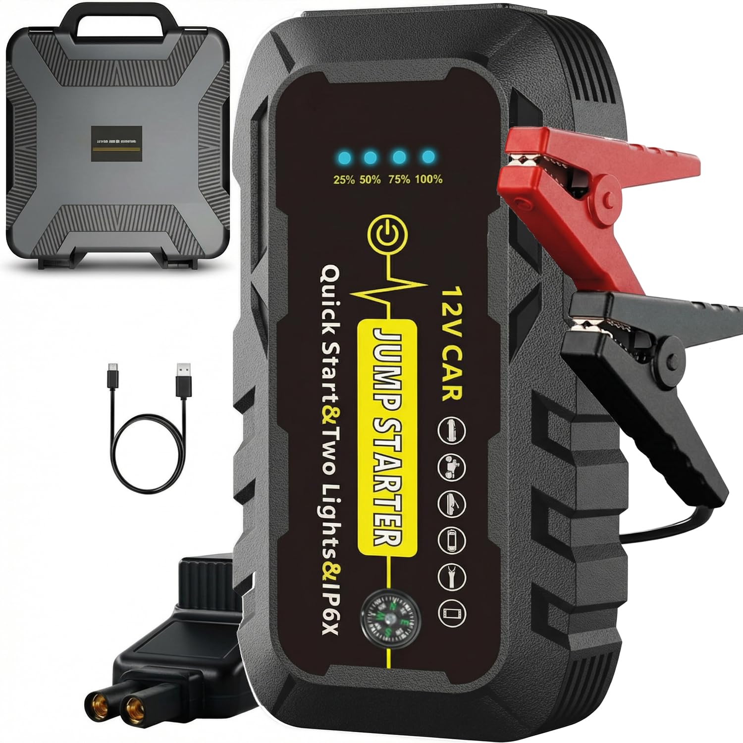 Avviatore per auto 3000A picco 2000A corrente di avviamento, Power bank portatile per batteria auto 12V per tutti i veicoli a benzina e diesel, con cavi booster intelligenti, torcia LED e porte USB