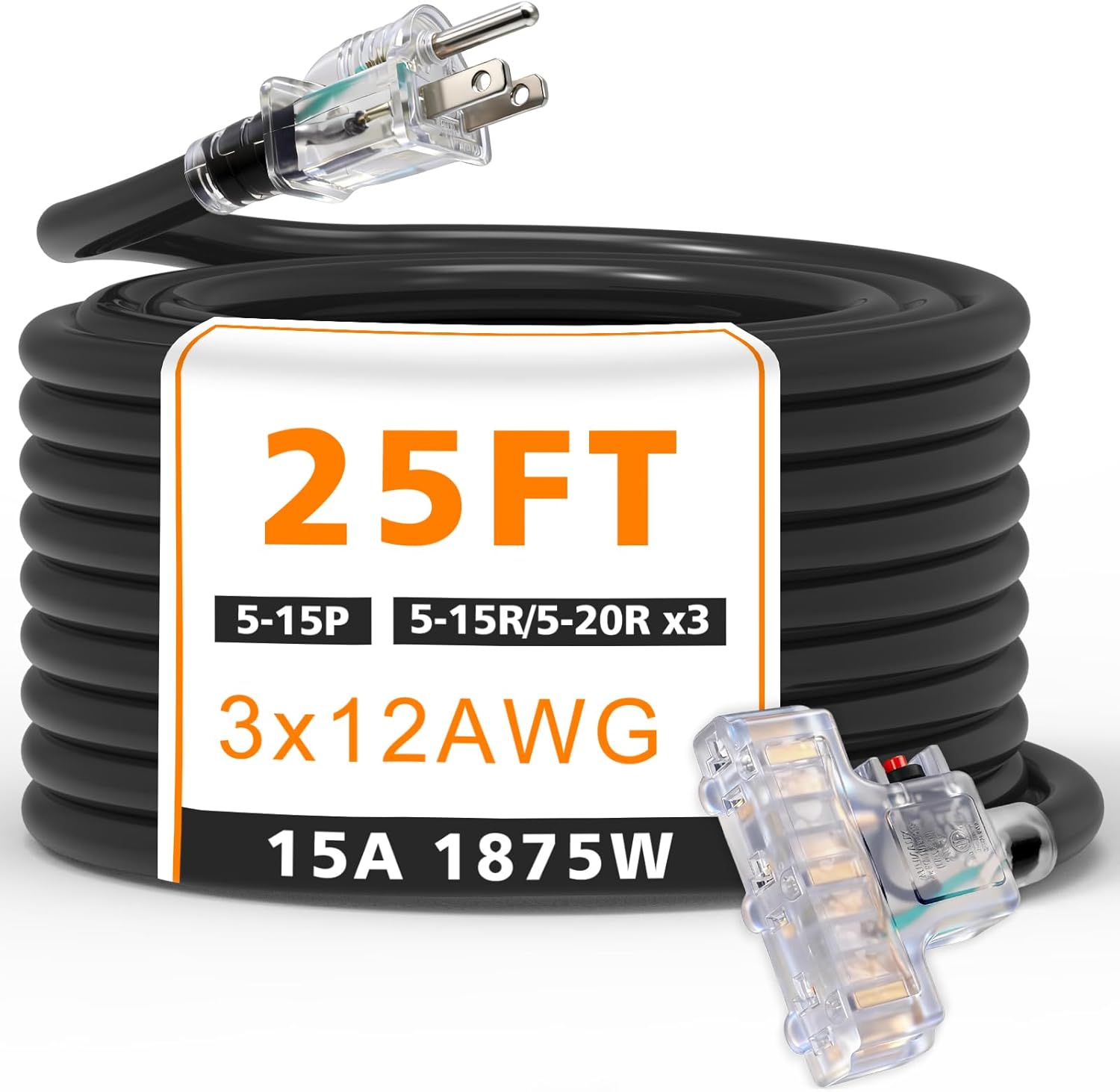 25FT 12 Gauge Outdoor Extension Cord with Multiple Outlets/Circuit Breaker/Light Indicator, 1875W Heavy Duty Black Extension Cord Waterproof, NEMA 5-15P to 5-15R/5-20R