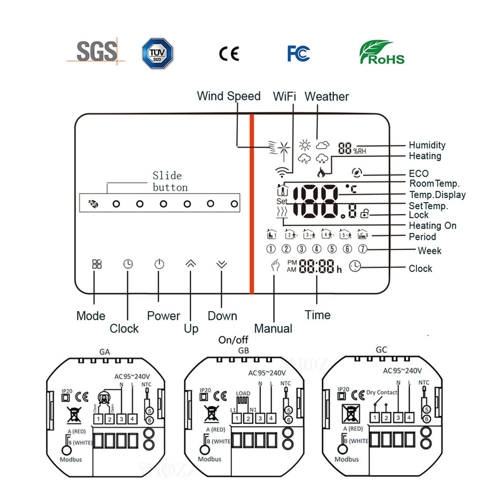 Termometro da interno igrometro digitale Termostato Smart WiFi, pavimento elettrico/riscaldamento acqua/gas caldaia a gas Temperatura Temperatura telecomando Con display LCD(NTC 10M,24V)