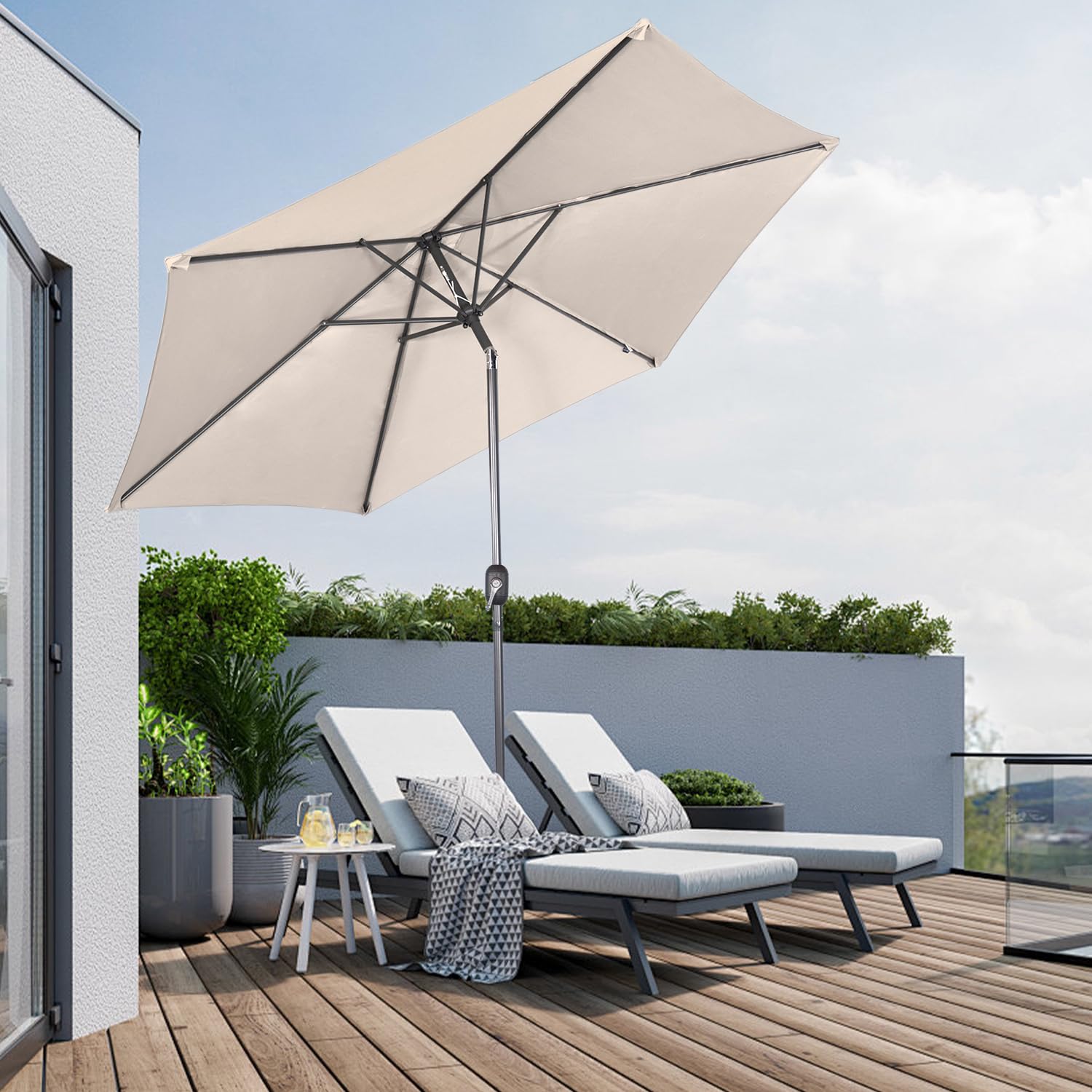 Angel Living 300cm Parasol de Acero con Inclinación, con Manivela, Sombrilla con Mástil de Acero de 38mm para Patio Terraza Playa (Beige Claro)