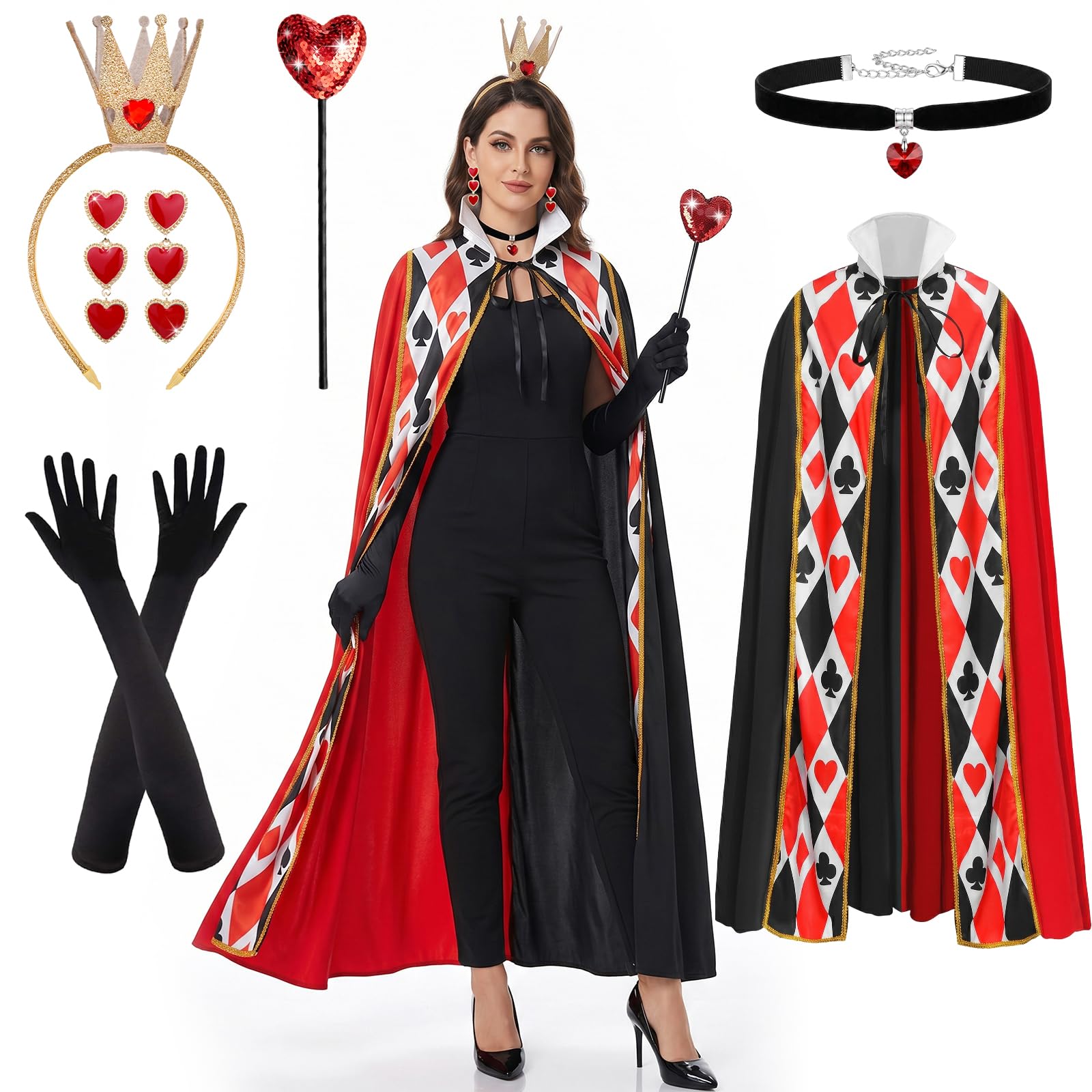 Oerphh Queen Hearts Costume Set 6 Piece Red Heart Cape, Crown, Earrings Gloves for Women, Perfect for World Book Day, Cosplay, Halloween, Carnival Themed Parties