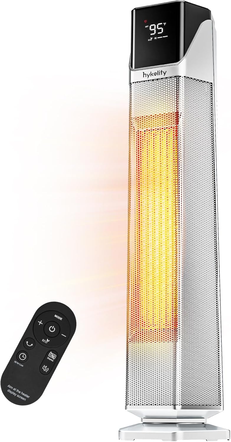 Hykolity Space Heater Large Room, 30" Electric Heaters for Indoor Use with Thermostat and Remote,70° Oscillation, 24H Timer, 1500W Fast Heating Portable Heaters for Office, Bedroom, Home - Silver