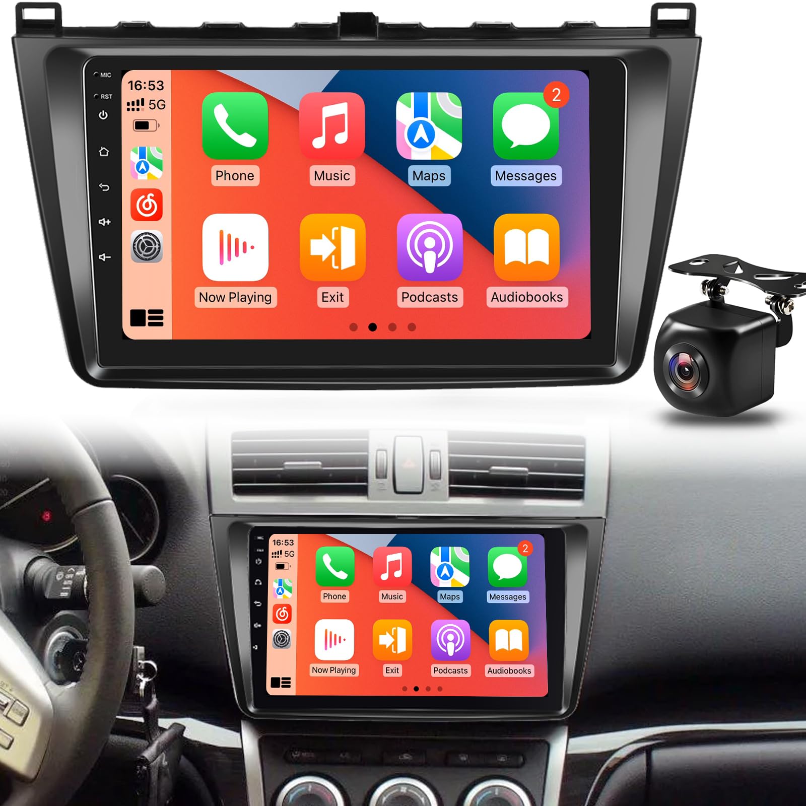 Radio samochodowe z systemem Android do Mazda 6 GH 2007-2012 z bezprzewodowym systemem CarPlay i Android Auto, radio z ekranem 9", 2 + 64 GB, DSP, WiFi, nawigacja GPS, Bluetooth, FM RDS, SWC + kamera