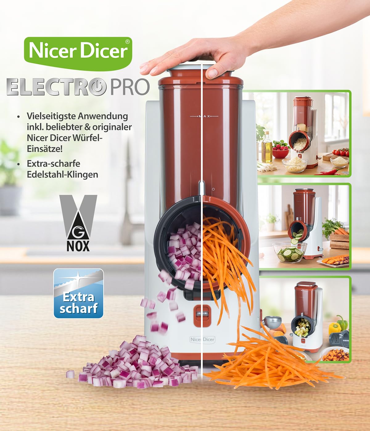 Genius Nicer Dicer Electro PRO Set 32-tlg., terracotta, Gemüseschneider elektrisch mit 9 Einsätzen zum Reiben, Hobeln, Würfeln & Schneiden, extra-scharfe Klingen, einfache Reinigung, leistungsstark