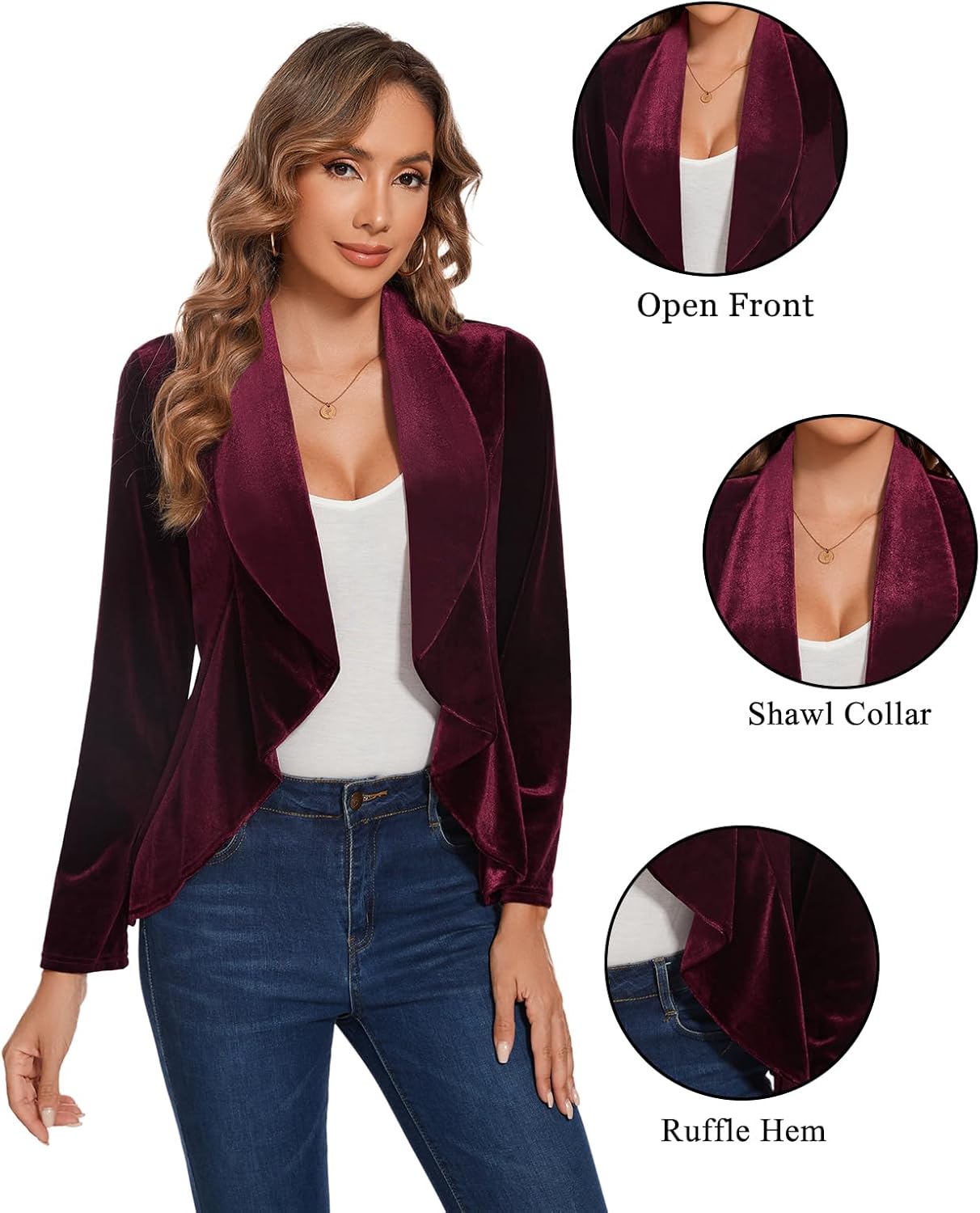 MINTLIMIT Velvet Blazers for Women Casual Work Office Long Sleeve Open Front Cardigan Ruffle Suit Jacket Coat Blazer - Image 6