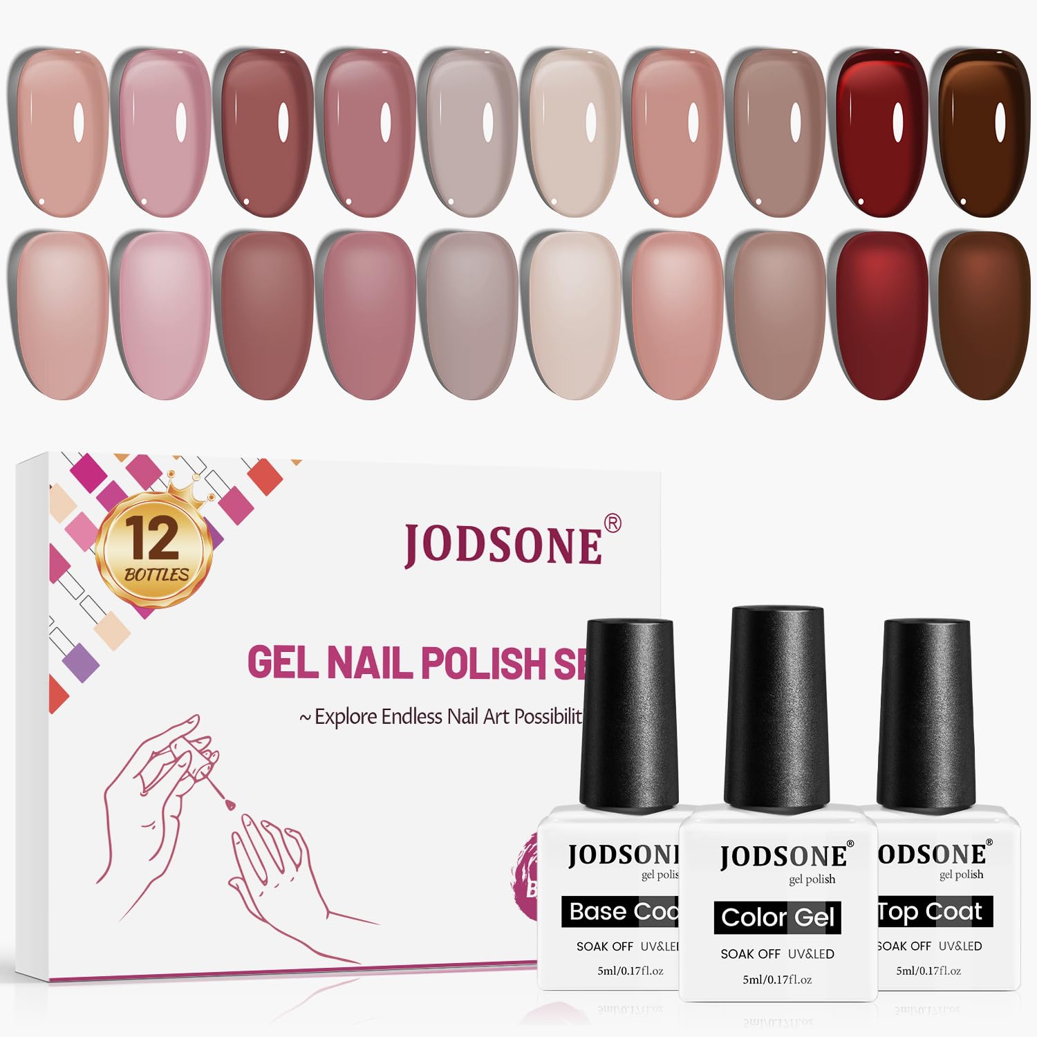 JODSONE Coffret de 12 Vernis Semi Permanent, 10 Couleurs Jelly Translucides Naturelles, Aspect Élégant et Tenue Longue Durée, pour Utilisation à Domicile et en Institut