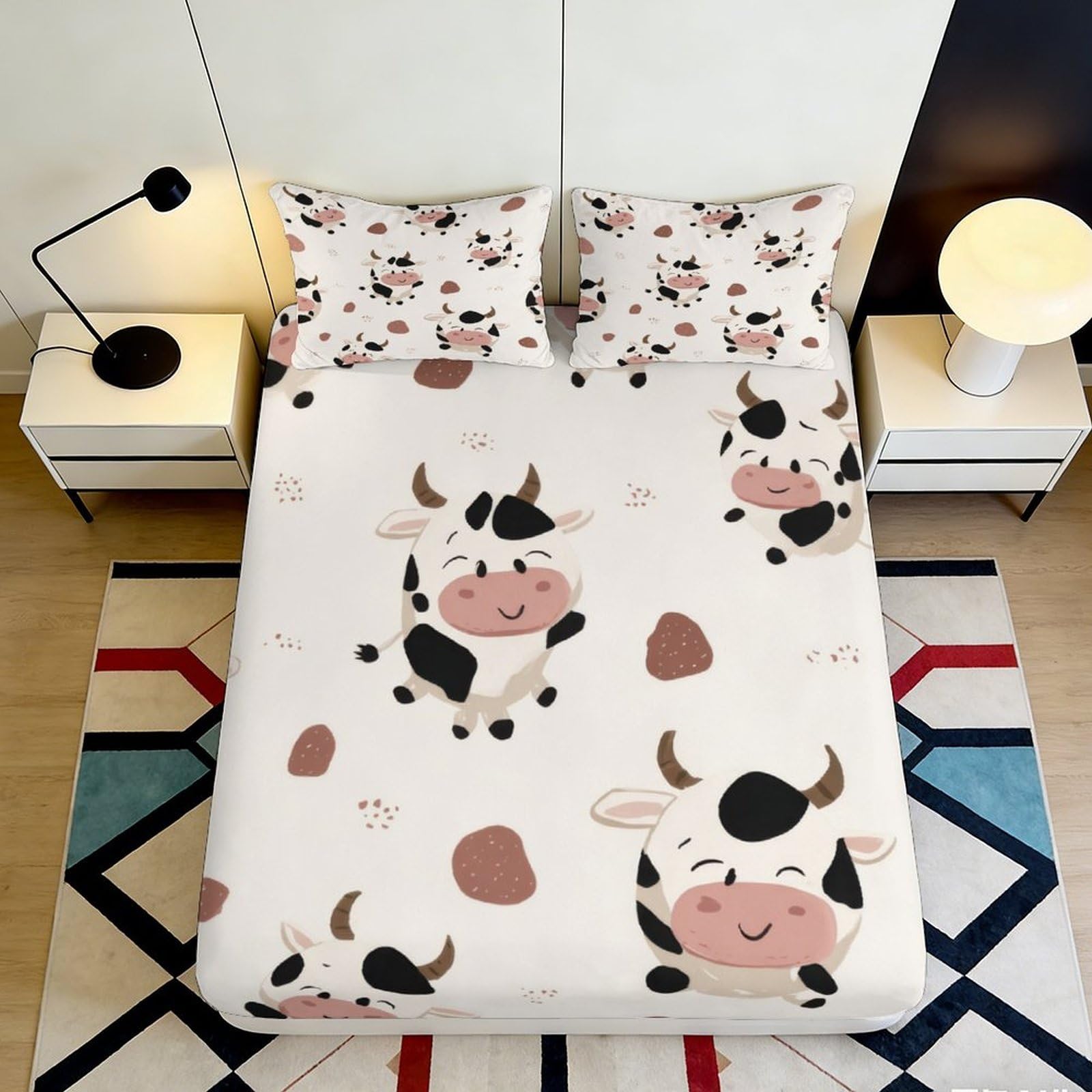 3D Printed Cartoon Cow Fitted Sheet Microfiber Elastic Hem Bedroom Bedding Cow Mattress Fitted Cover Non-Slip Full Wrap for Adults 200x200x25cm