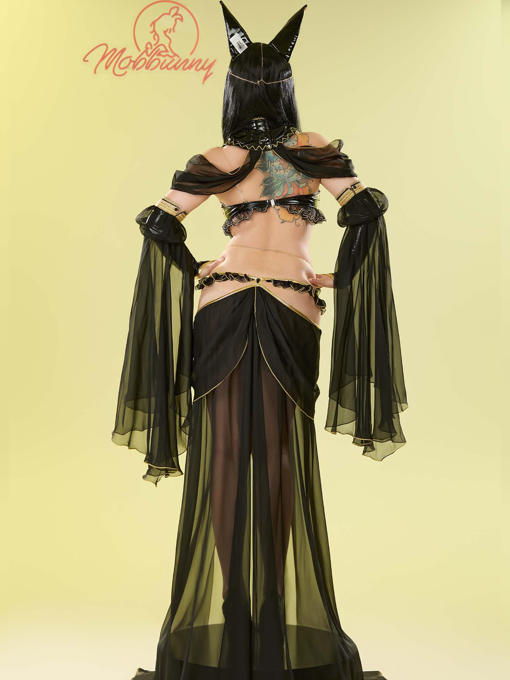 Mobbunny Women Anime Cosplay Sexy Costume Black Top Thong and Chiffon Skirt Egyptian Costume with Sleeves and Chain Halloween: X-Large Black