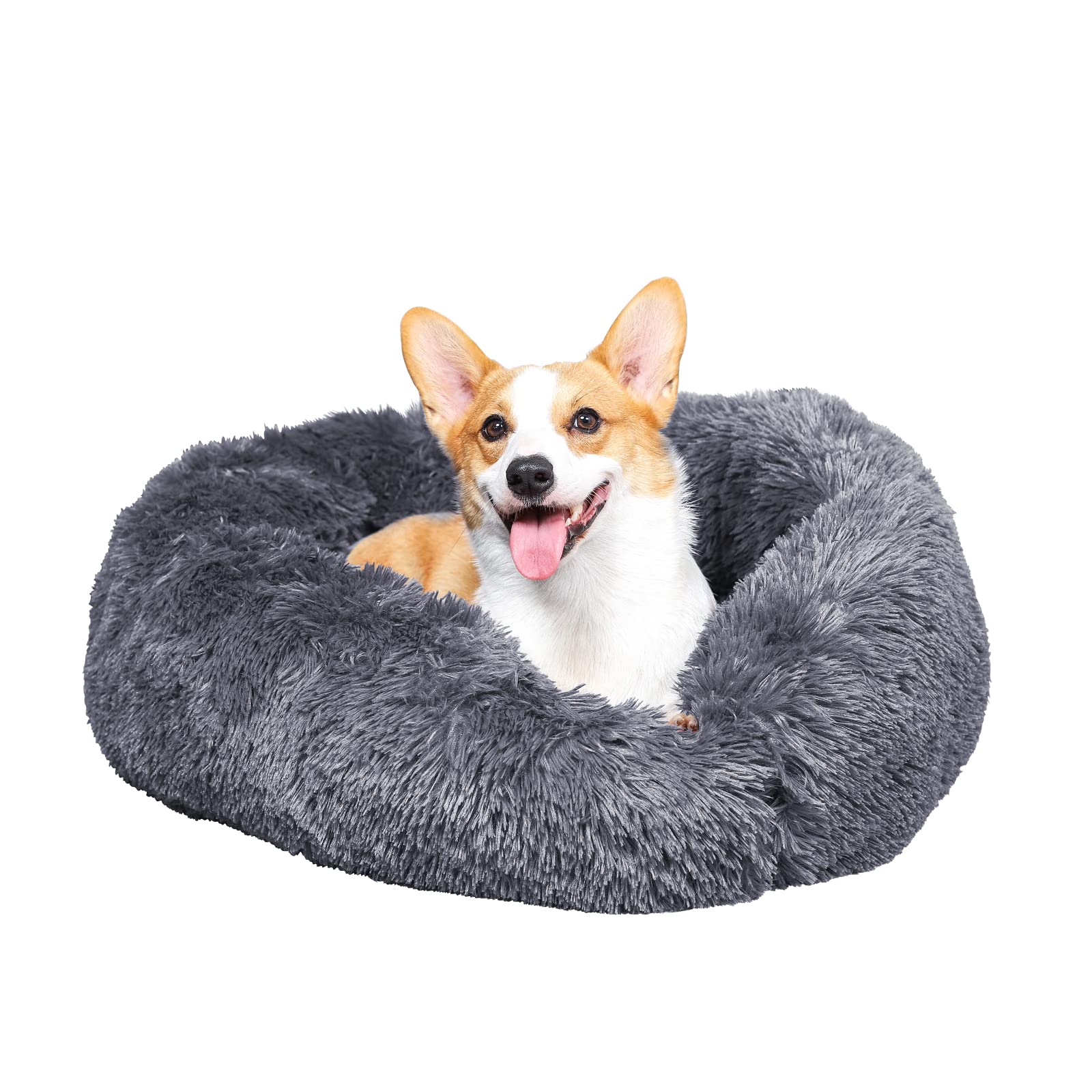 GONICVIN Donut Dog Bed, Fluffy Cat Bed, Calming Pet Bed, Cosy Anti Anxiety Beds with Machine Washable and Removable Cover, Anti-slip Bottom 60cm Dark Grey