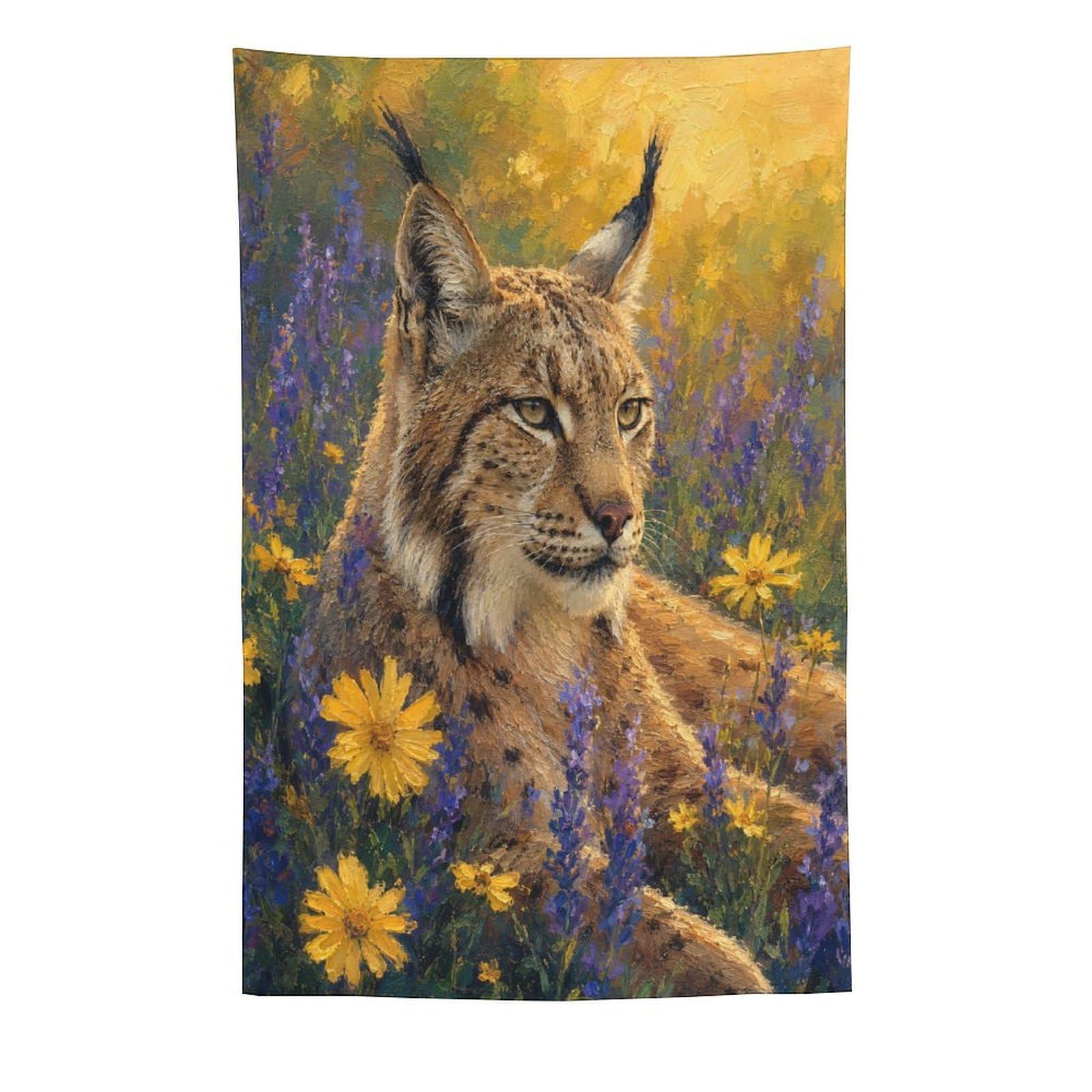 W7C8U2X3 Lynx in Wildflowers Wall Tapestry, Realistic Illustration Style