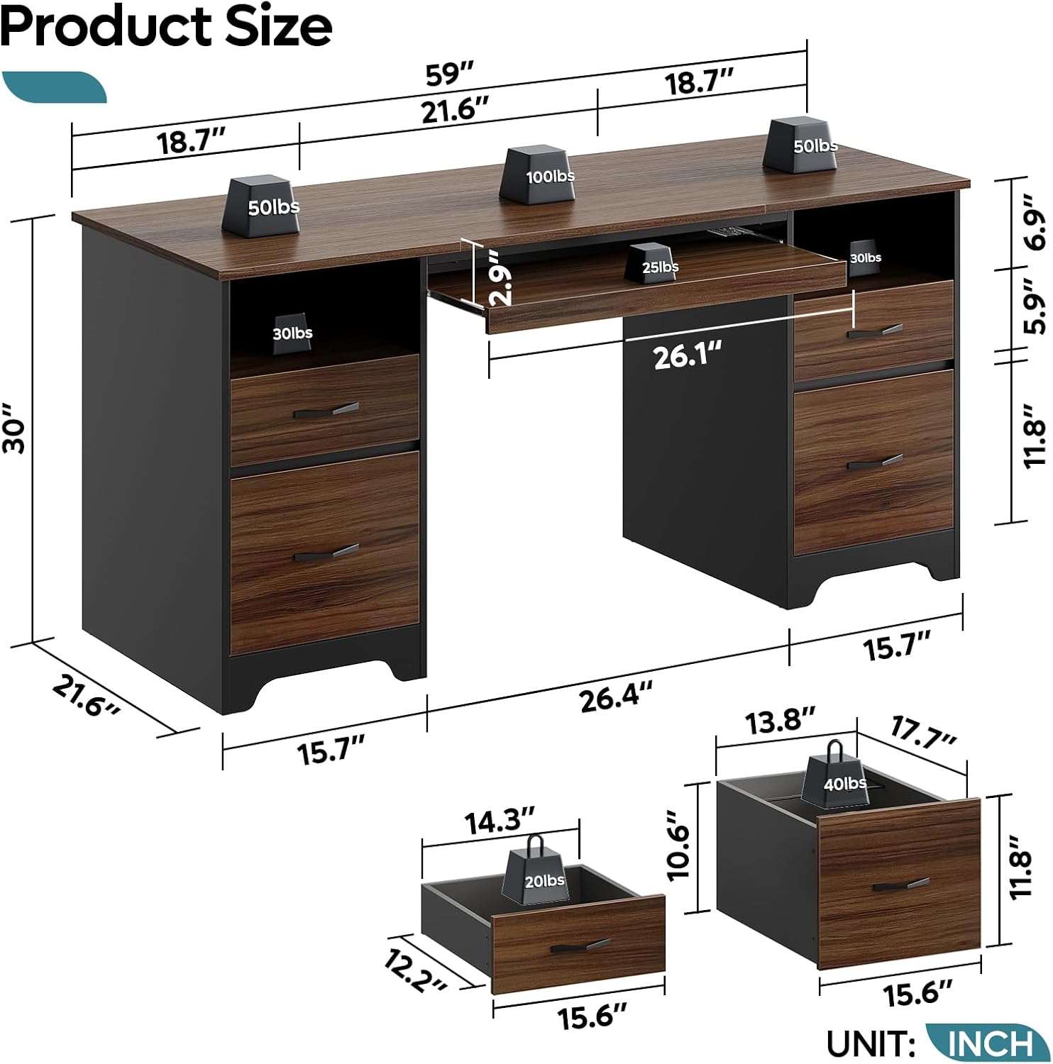 Product dimensions and weight capacities for Bestier 59-inch Computer Desk