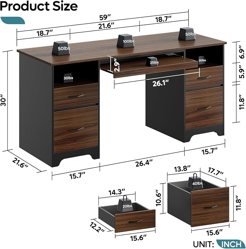 Bestier 59” Computer Desk with 4 Drawers, Office Desk with Storage, Industrial Executive Desk with File Drawer, Keyboard Tray & 2 Pedestals for Home Office & Studio, Cherry image 3