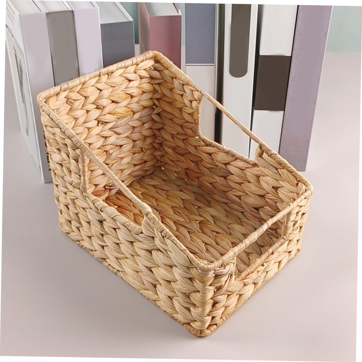 Natural Hyacinth Woven Storage Basket Rustic Organizer for Desktop Portable Sundry Bin for Books Toys and Pantry Items for Home and Office Use