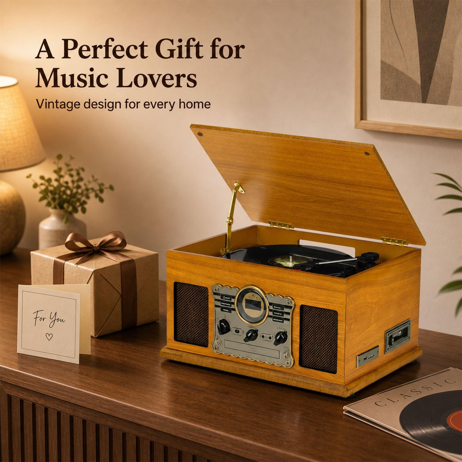Giradischi 9-in-1 Vinile Turntable con Bluetooth,FM/DAB Costruito Dentro Altoparlanti Stereo, Costruito dentro Altoparlanti Stereo,CD, MP3,CASSETTE,USB