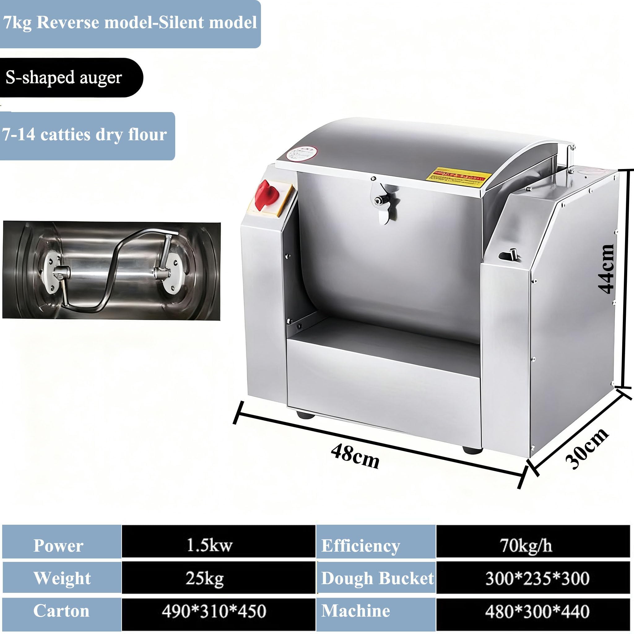 1100w/1500w Miscelatore di Pasta Commerciale,Impastatrice a Spirale Elettrica,Robusta in Acciaio Inox con Funzione di Temporizzazione,per Impasti di Pizza,Pane E Pasta 7KG